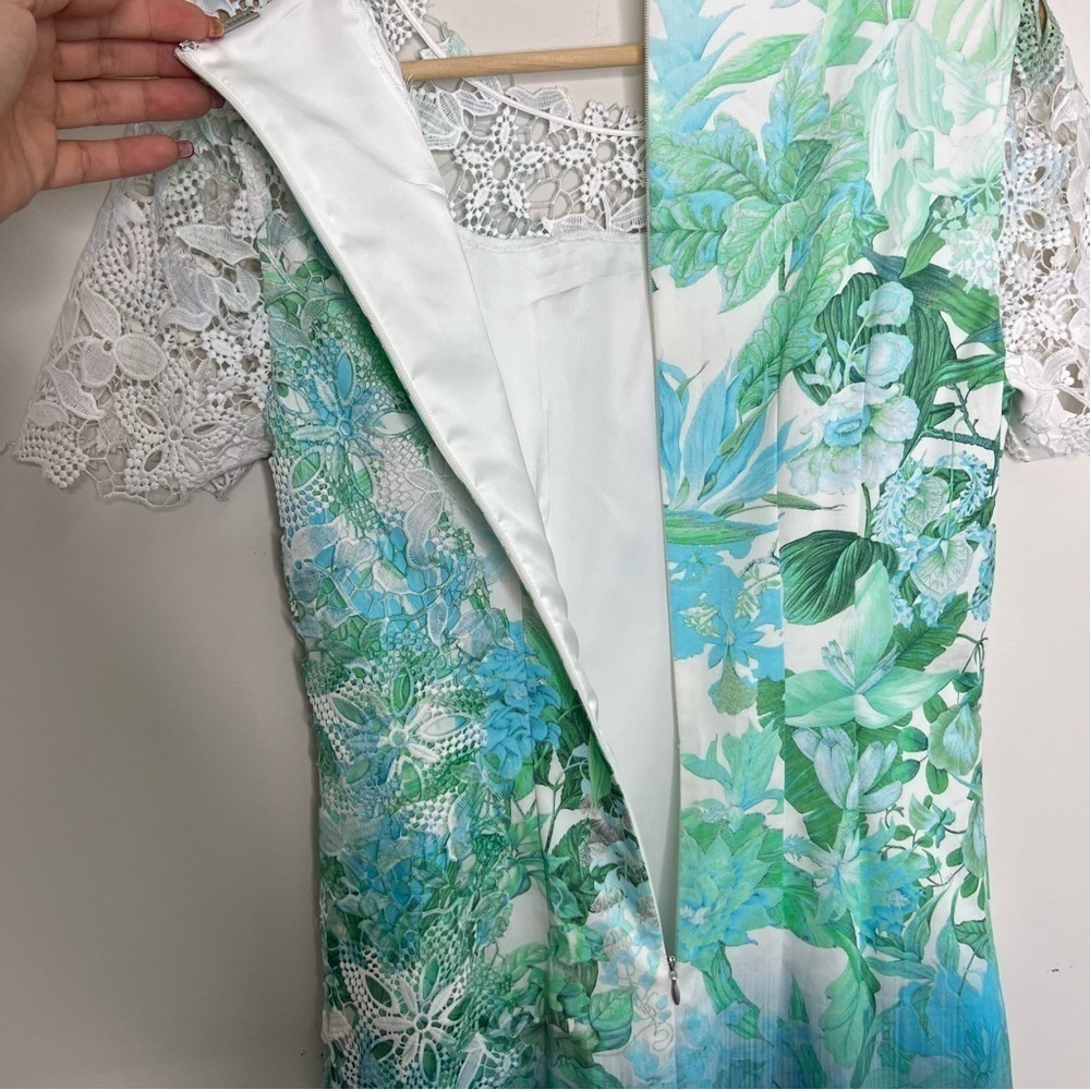 Elie Tahari Short-Sleeve Lace-Trim Ombre Organdy Dress, Green Pattern Size 4 - Picture 7 of 12
